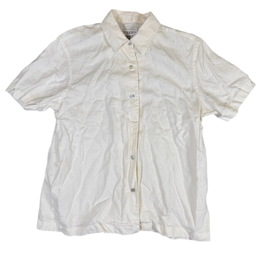 Pure & Simple Linen Button Up Shirt Womens Large Cream Short Sleeve Blouse